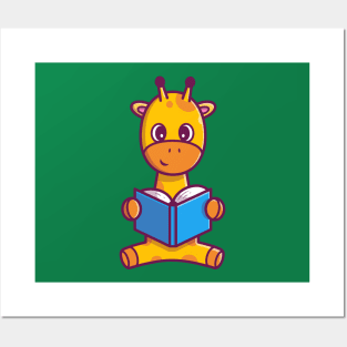 Cute Giraffe Reading Book Cartoon Posters and Art